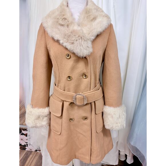 Vintage Sears 60s/70s Brown Faux Fur Coat M Belted Double-Breasted Hollywood Mod - Picture 3 of 7